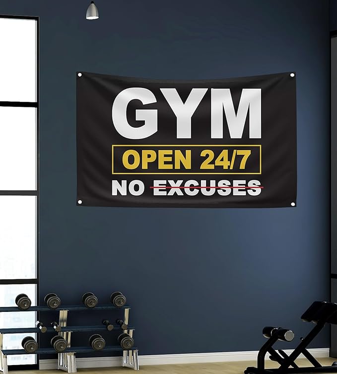 GYM OPEN 24/7 INDOOR NO EXCUSES Motivational Gym Banner, 3x5 Ft Single-sided Printing Inspirational Wall Decor Flag, Perfect Motivational Wall Decor, Keep Motivated and Passion with Gym Flag-StrideForce Fitness