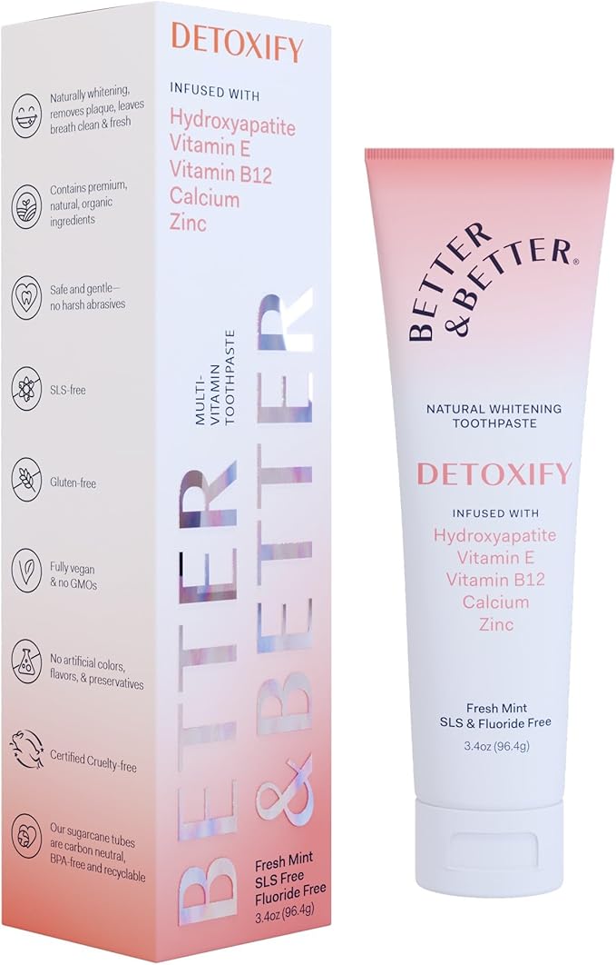 Better & Better Detoxify Hydroxyapatite Toothpaste | Whitening Toothpaste Infused w/Vitamins E & B12, Calcium & Zinc | Fluoride & SLS Free for Sensitive Brushers | Fresh Mint Flavor | 3.4oz, 1 Pack