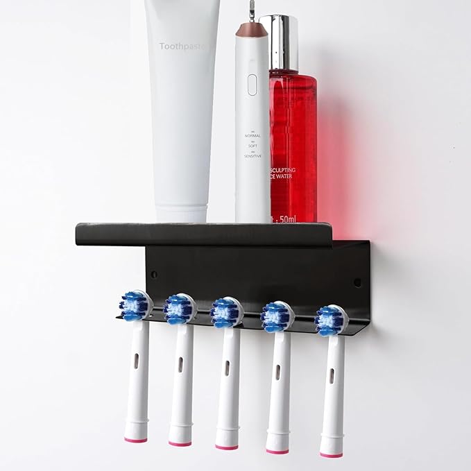 Wall Mounted Toothbrush Holder for Bathroom Shower, 5 Slots Aluminum Self-Adhesive Tooth Brush, Toothpaste Organizer Hanger Compatible with Colgate Extra Clean, Oral-B CrossAction, etc Black