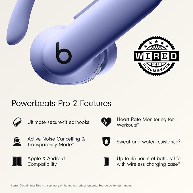 Beats Powerbeats Pro 2 Wireless Bluetooth Earbuds - Noise Cancelling, Heart Rate Monitor, IPX4, Up to 45H Battery & Charging Case, Works with Apple & Android - Hyper Purple-StrideForce Fitness