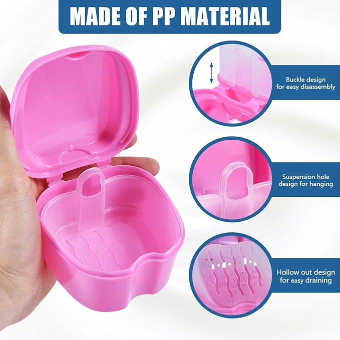 2 Pack Denture Bath Case Cup Box Holder Storage Container with Denture Cleaner Brush Strainer Basket for Travel Cleaning (White and Pink)