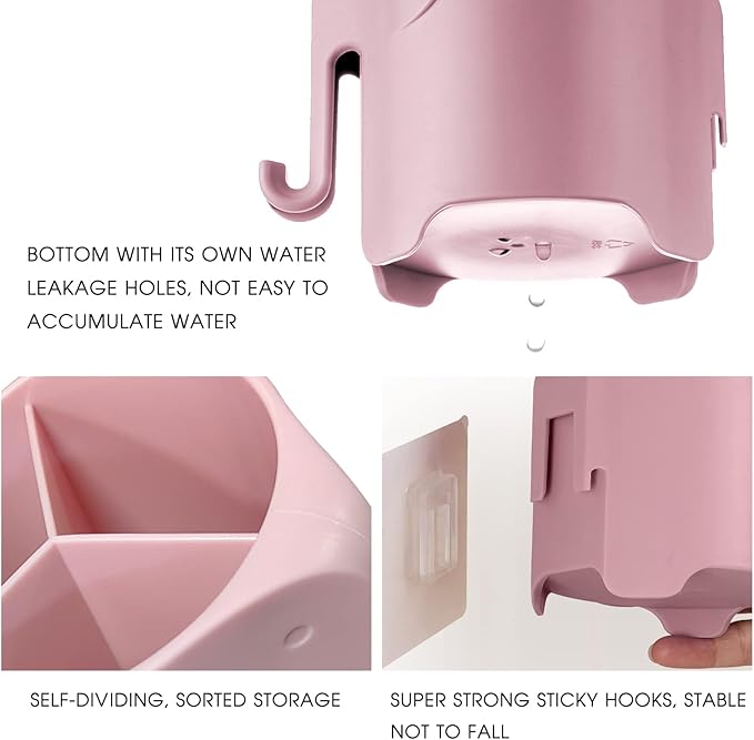 Kids Toothbrush Holder, Cute Elephant Toothbrush Holders for Toddler, Toothbrush Toothpaste Holder for Bathroom, Toothbrush Organizer with 3 Slots and a Hook, Pink
