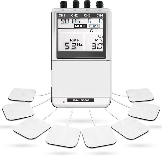 iSTIM EV-805 TENS EMS 4 Channel Rechargeable Combo Machine Unit - Muscle Stimulator + Back Pain Relief and Management- 24 Programs/Backlit (Including Electrodes Pads)-StrideForce Fitness