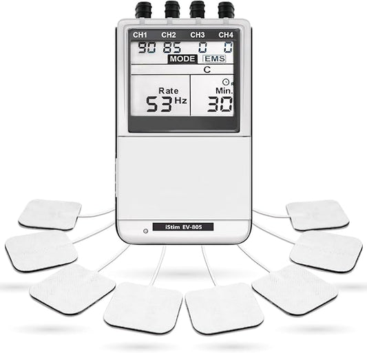 iSTIM EV-805 TENS EMS 4 Channel Rechargeable Combo Machine Unit - Muscle Stimulator + Back Pain Relief and Management- 24 Programs/Backlit (Including Electrodes Pads)-StrideForce Fitness