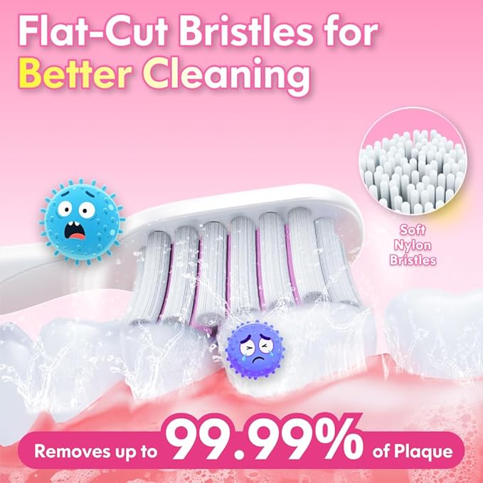 Kids Toothbrush Electric Girls Electric Toothbrush Rechargeable Age 3-5-6-12-18 Year Old, 3 Modes 4 Vibrating Heads Habit-Forming Stickers 31000VPM Girls Toothbrush (Unicorn Pink)