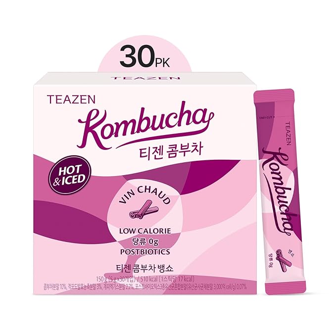 TEAZEN Mulled Wine Kombucha Tea, Live Probiotics & Postbiotics, Relaxation and Warmth for Colds and Sore Throat, Electrolyte & Hydration Drink Mix, Sugar Free, 30 Sticks, 5.29oz-StrideForce Fitness