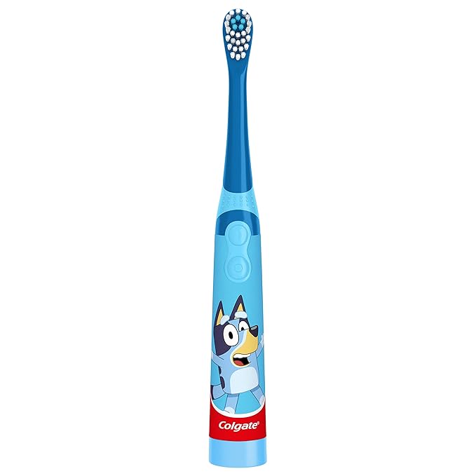 Colgate Kids Battery Powered Toothbrush With AA Battery, Extra Soft Bristles, Flat-Laying Handle to Prevent Rolling, Bluey, 2 Pack