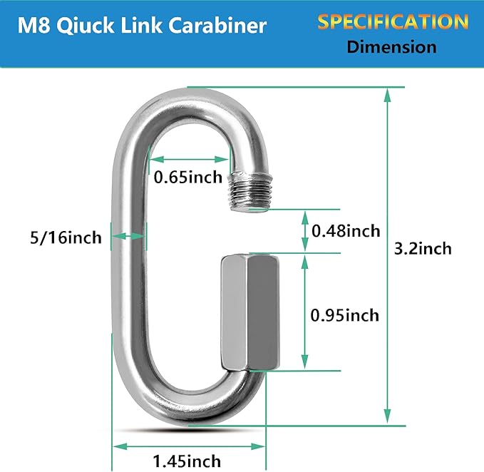 Quick Links, Chain Links Connector, 620lbs Capacity Heavy Duty Carabiner Clips, Galvanized Thread Quick Link Hardware for Safety Chain Swing Gym Hammock, Screw Lock Oval Locking Carabiner-StrideForce Fitness