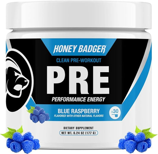 Honey Badger Pre Workout Powder, Keto Vegan Preworkout for Men & Women, Beta Alanine & Caffeine, Sugar Free Natural Energy Supplement, Blue Raspberry, 30 Servings-StrideForce Fitness