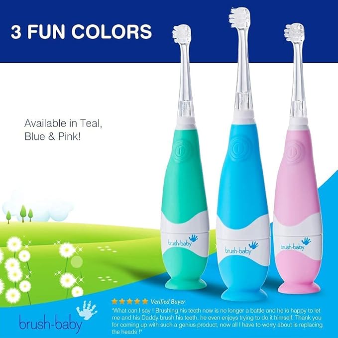 brush-baby - BabySonic Blue Electric Toothbrush, 0-36 Months - Soft, Gentle Vibrating Toothbrush for Sensitive Gums & New Teeth - with LED Light & Suction Base - Baby & Toddler Brush Heads