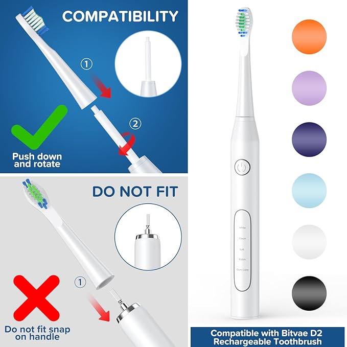 Replacement Toothbrush Heads 10 Pack Compatible with Bitvae Daily D2 Rechargeable Toothbrush, for D2 Toothbrush Heads Refills, White