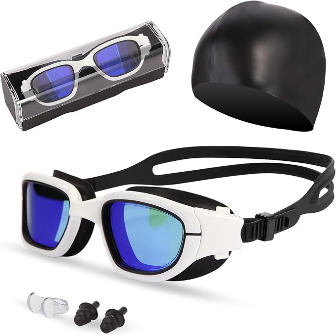 Swim Goggles, Goggles Adult with Swimming Cap, Nose Clip & Ear Plugs, UV Protection Anti-Fog Lens and Case for Adult-StrideForce Fitness