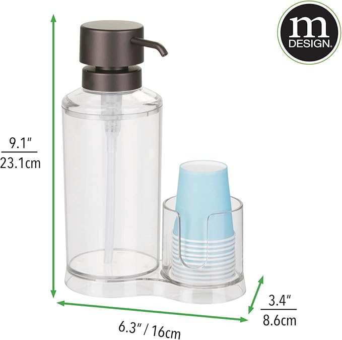 mDesign Plastic Refillable Mouthwash Dispenser and Cup Storage Organizer for Bathroom Vanity, Countertop, Cupboard - Includes 8 Paper Cups - Lumiere Collection - Clear/Bronze