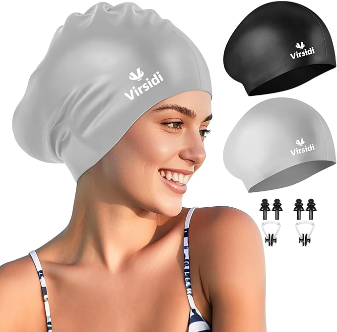 2 Pack Large Swim Caps for Long Hair, Silicone Swimming Cap for Adult Women Men, Waterproof Swim Hats Bathing Caps to Keep Hair Dry with Bonus Nose Clip and Earplugs-StrideForce Fitness