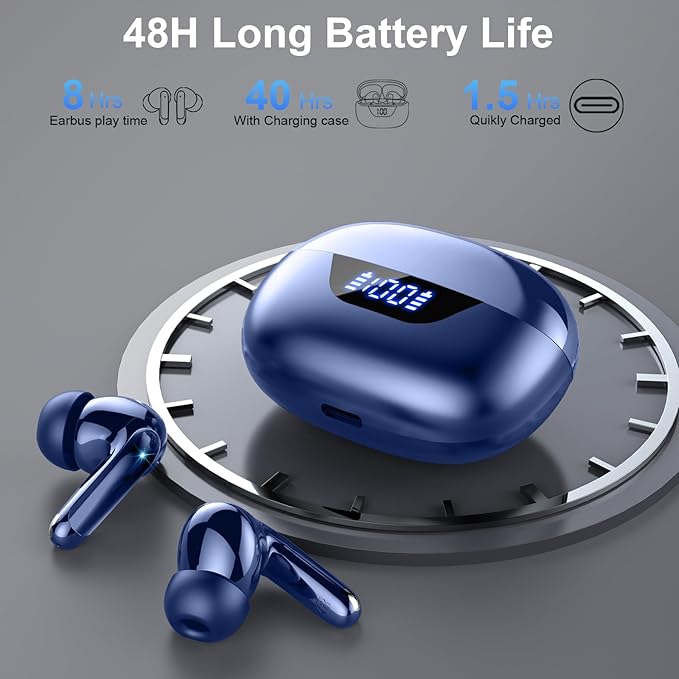 Wireless Earbuds, Bluetooth 5.4 Headphones, ENC Noise Cancelling Mic Ear buds with Stereo Bass, 48H Playtime Earphones , LED Display, IP7 Waterproof In Ear EarBuds for Phone Android iOS Sports, Blue-StrideForce Fitness