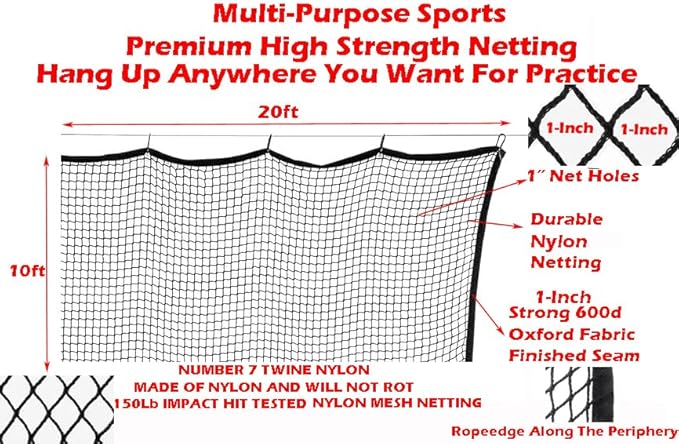 10ft, 15ft, 25ft Sports Practice Netting Sturdy Net Hitting Throwing Pitching Net 150LB Impact Hit Tested Nylon Mesh Netting for Golf, Baseball, Softball, Hockey, Soccer, LAX-StrideForce Fitness