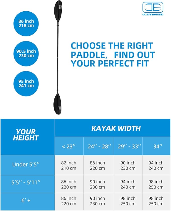 OCEANBROAD Kayak Paddle 86in/218cm, 90.5in/230cm, 95in/241cm Alloy Shaft Kayaking Boating Canoeing Oar with Paddle Leash-StrideForce Fitness