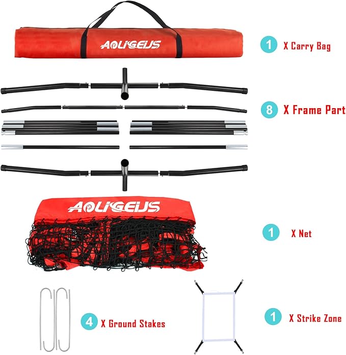 7'X7' Baseball Softball Practice Net,Pitching Net,Batting Net,with Baseball Tee,Bonus Strike Zone and Bow Frame,for Hitting,Pitching, Catching-StrideForce Fitness