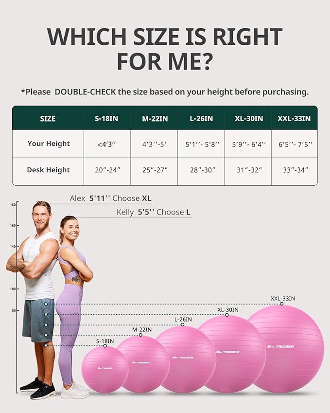 Trideer Extra Thick Yoga Ball Exercise Ball, 5 Sizes Gym Ball, Heavy Duty Ball Chair for Balance, Stability, Pregnancy, Quick Pump Included-StrideForce Fitness