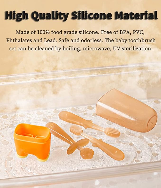 FOKiiBO Baby Silicone Toothbrush Set, Tongue Brush + Finger Toothbrush with Cup for Training Teething, 0-18M Infant Toddler Newborn Baby Teeth Brushes