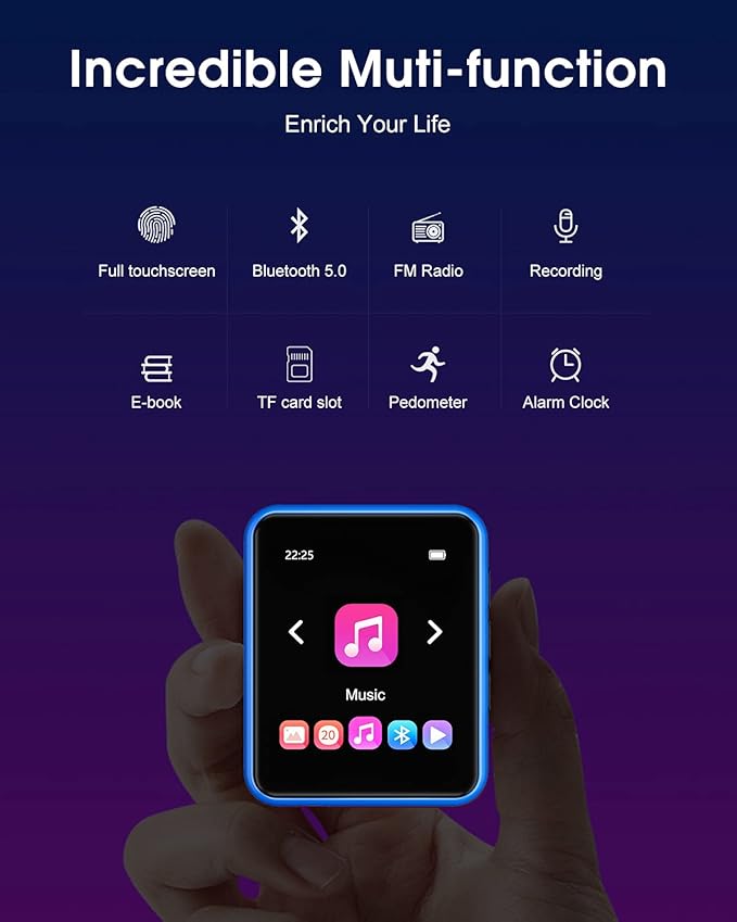 MP3 Player with Bluetooth 5.0 Portable HiFi Lossless Sound MP3 Music Player and FM Radio Recorder E-Book 2.4 inch Screen Maximum Support 128GB（Blue）-StrideForce Fitness