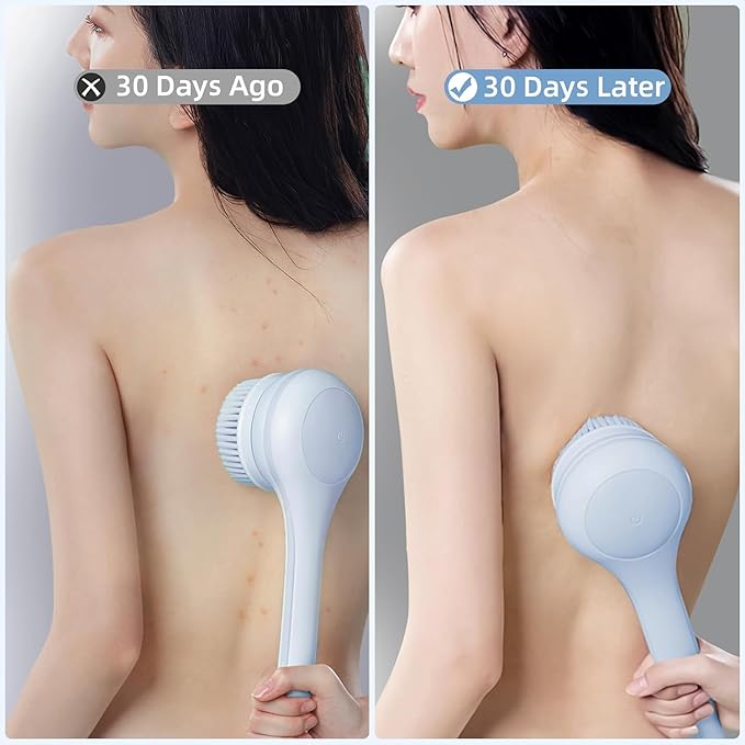 Electric Body Brush Back Scrubber for Shower, Waterproof Long Dual Handle Power Body Scrubber with 3 Heads, Rechargeable Bath Brush & 2 Speeds, for Cleansing, Exfoliating and Massaging Skin-StrideForce Fitness