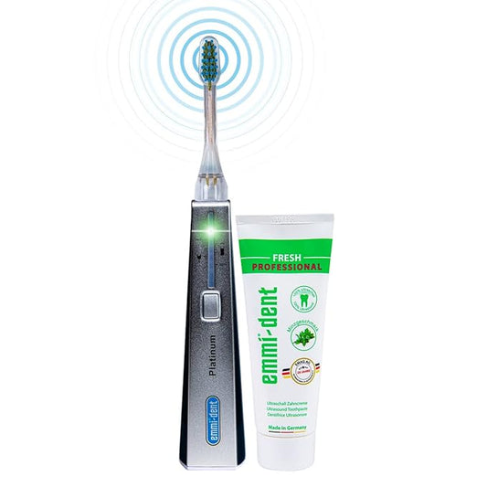 Emmi-dent Electric Toothbrush Set - Carbon Edition. 100% Ultrasound Technology removes Harmful Plaque Without Abrasive Brushing. Ideal for Sensitive Teeth & Gums. Includes Nano-Bubble Toothpaste.