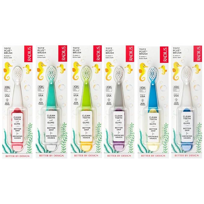 RADIUS Totz Plus Brush Kids Toothbrush Silky Soft BPA Free ADA Accepted Designed for Delicate Teeth & Gums for Children 3 Years & Up - Assorted - Pack of 6