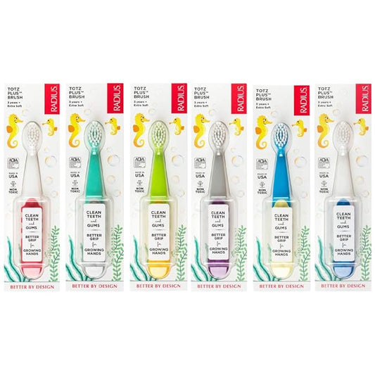 RADIUS Totz Plus Brush Kids Toothbrush Silky Soft BPA Free ADA Accepted Designed for Delicate Teeth & Gums for Children 3 Years & Up - Assorted - Pack of 6