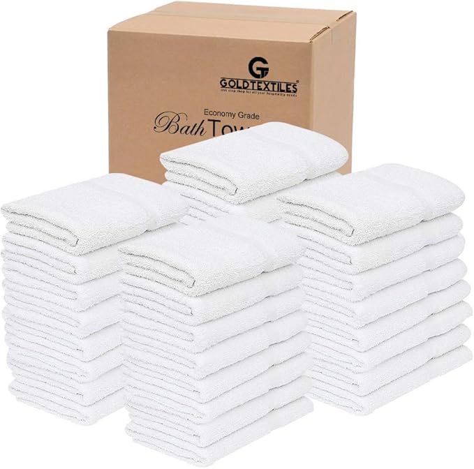 GOLD TEXTILES 60 White Economy Bath Towels Bulk (24x48 Inch) Cotton Blend for Softness-Commercial Grade Easy Care-StrideForce Fitness
