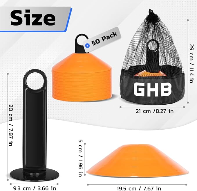 GHB Soccer Cones 25/50/100 Pack Disc Soccer Sport Cones Training Field Marker Agility Cones for Traffic, Basketball, Coaching, Practice Equipment Includes Cone Drills Guide-StrideForce Fitness