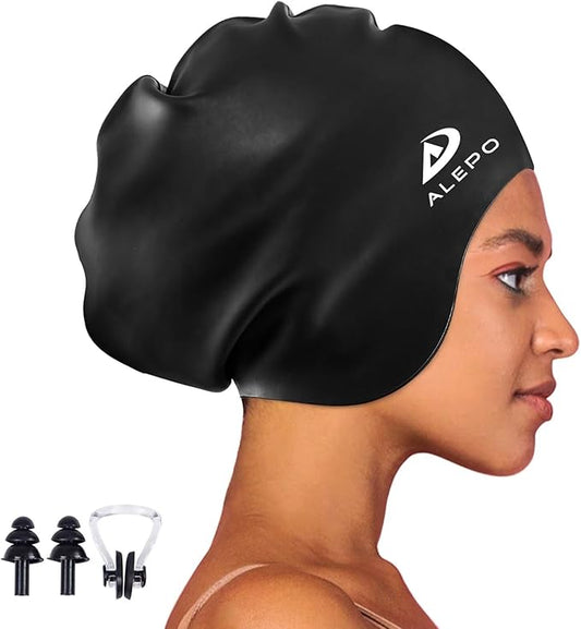 Alepo Extra Large Swim Cap for Women Men, Durable Silicone Swimming Hat with Ear Protection, Unisex Adults Bath Swimming Caps for Long Thick Curly Hair & Dreadlocks Braids Weaves Afro Hair-StrideForce Fitness