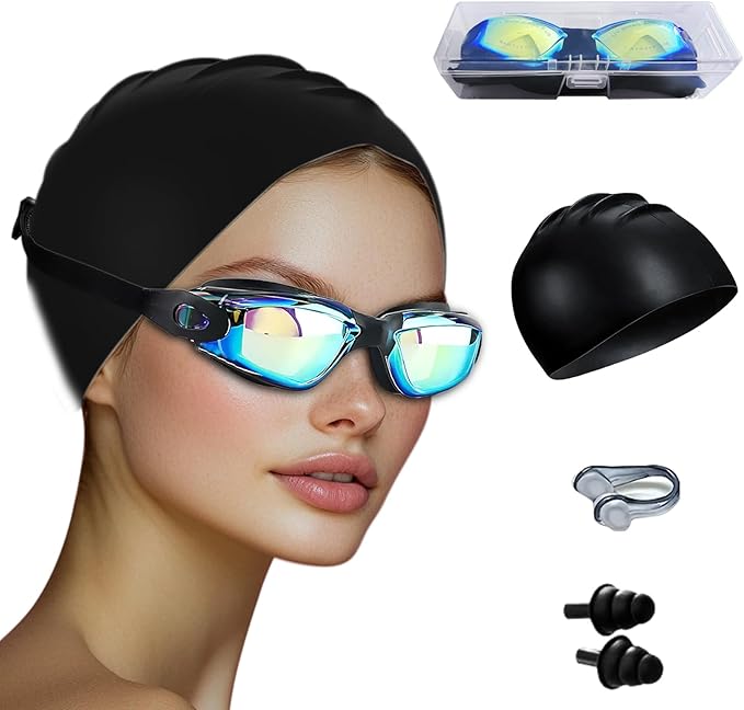 Swim Goggles Swimming Goggles No Leaking with Nose Clip, Earplugs, Swim Cap and Case for Men Women-StrideForce Fitness