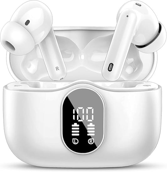 Wireless Earbuds, Bluetooth 5.4 Headphones Bass Stereo, Ear Buds with Noise Cancelling Mic, IP7 Waterproof in Ear Earphones, 36H LED Display Bluetooth Earbuds for Laptop Pad Phones Sports, White-StrideForce Fitness