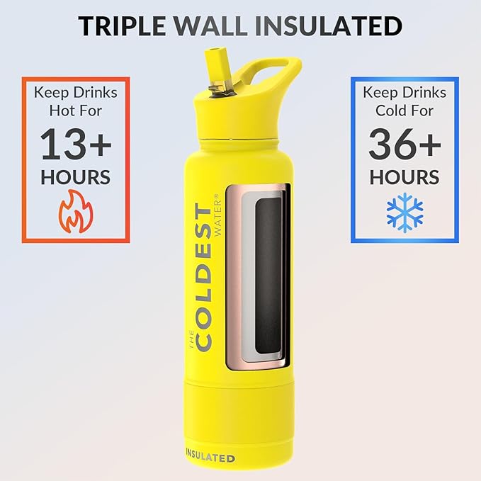 Coldest Insulated Water Bottle with Straw Lid - Stainless Steel Metal Insulated Bottle for Men & Women (Solar Yellow, 40 oz)-StrideForce Fitness
