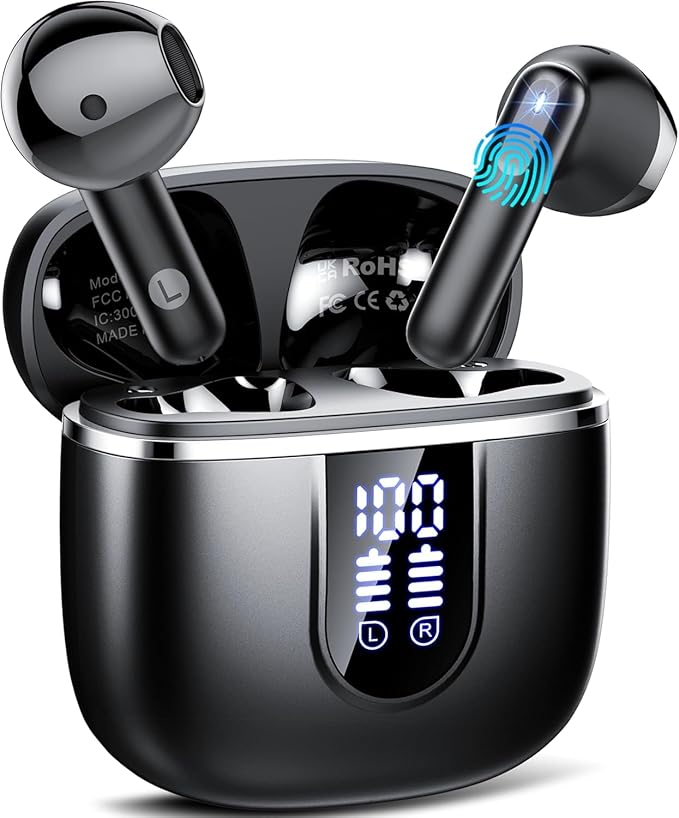 Wireless Earbuds, 2025 Bluetooth 5.4 Headphones with 3D Bass Stereo, 40H Ultralight in-Ear Buds, Bluetooth Earbuds with 4 ENC Noise Cancelling Mic, USB-C LED, IP7 Waterproof Earphones for Android iOS-StrideForce Fitness