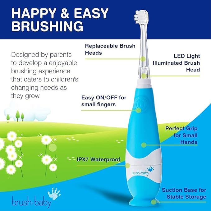brush-baby - BabySonic Blue Electric Toothbrush, 0-36 Months - Soft, Gentle Vibrating Toothbrush for Sensitive Gums & New Teeth - with LED Light & Suction Base - Baby & Toddler Brush Heads