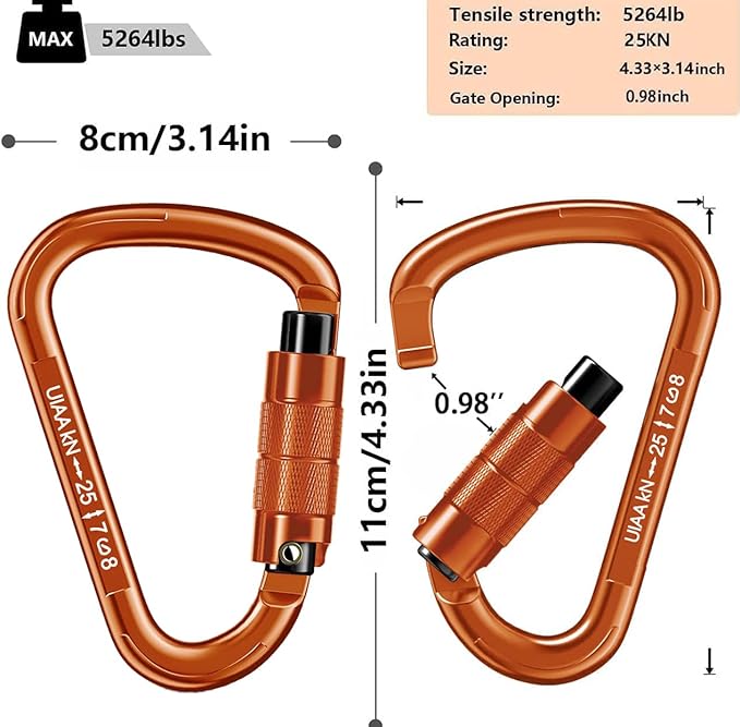 Auto Locking Carabiner Heavy Duty Carabiner 25kN UIAA Certified Climbing Carabiner Climbing Equipment Safety Carabiners for Rappelling, Hammocks, Rescue, Dog Leash, Swing-StrideForce Fitness