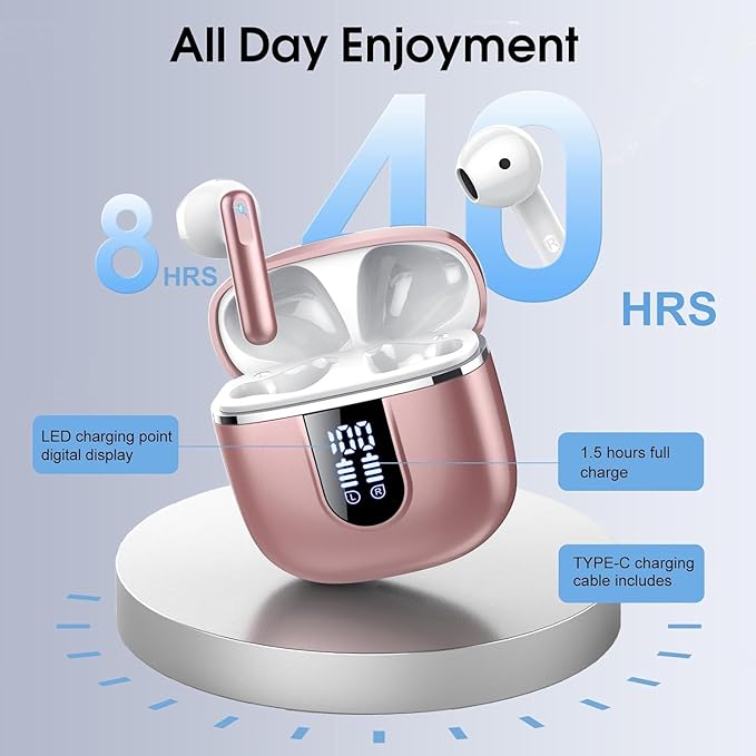 Wireless Earbuds, Bluetooth 5.4 Headphones with 3D Bass Stereo, 40H Ultralight in-Ear Buds, Bluetooth Earbuds with 4 ENC Noise Cancelling Mic, USB-C, IP7 Waterproof Earphones for Android iOS, Rose-StrideForce Fitness