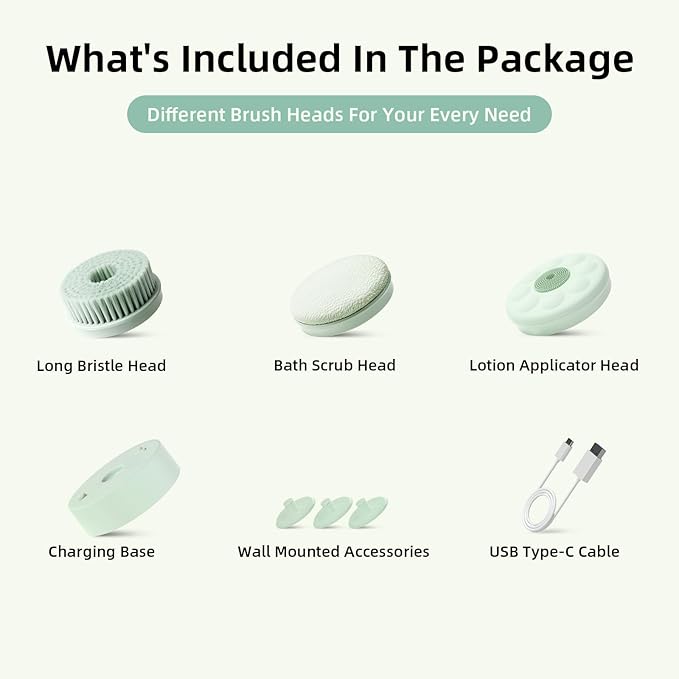 Electric Body Brush Back Scrubber for Shower, Waterproof Long Dual Handle Power Body Scrubber with 3 Heads, Rechargeable Bath Brush & 2 Speeds, for Cleansing, Exfoliating and Massaging Skin-StrideForce Fitness