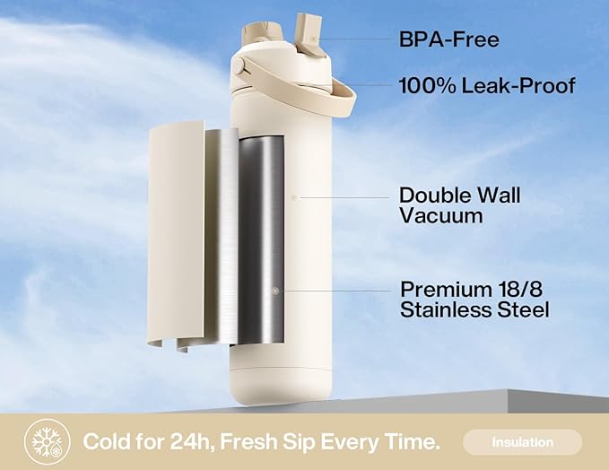 26 oz Insulated Water Bottle with 2-in-1 Straw and Spout Lid, Keep Cold 24H, Leak-Proof, Fits in Car Cup Holder, Stainless Steel Water Bottle for Sports, Gym, Travel, and School (Mousse)-StrideForce Fitness