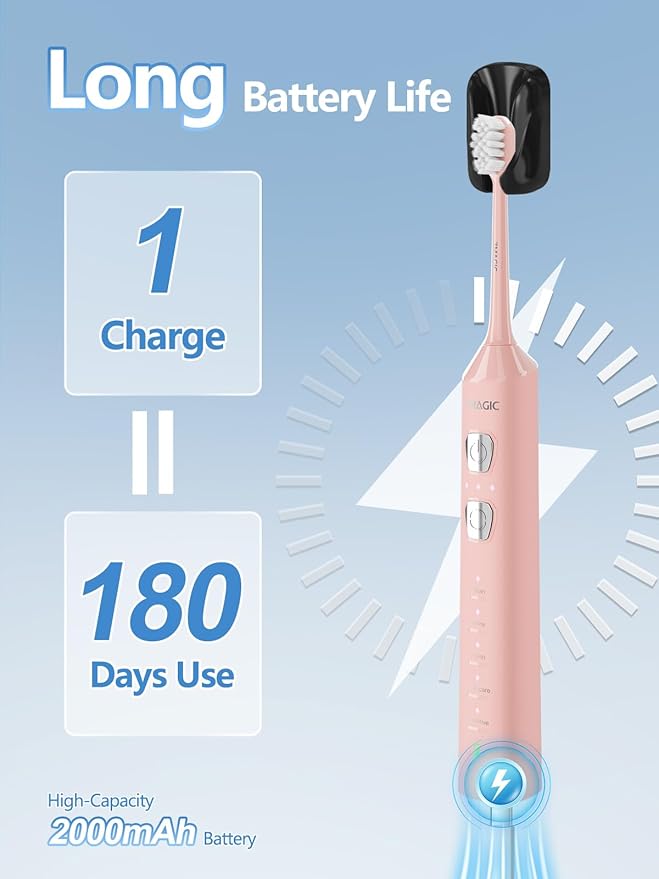 7MAGIC Sonic Electric Toothbrush for Adults and Kids - Up to 180 Days Runtime, 42000 VPM Powered Toothbrush, 5 Modes & 3 Intensities for Sensitive Teeth & Braces, Includes 8 Brush Heads, Pink