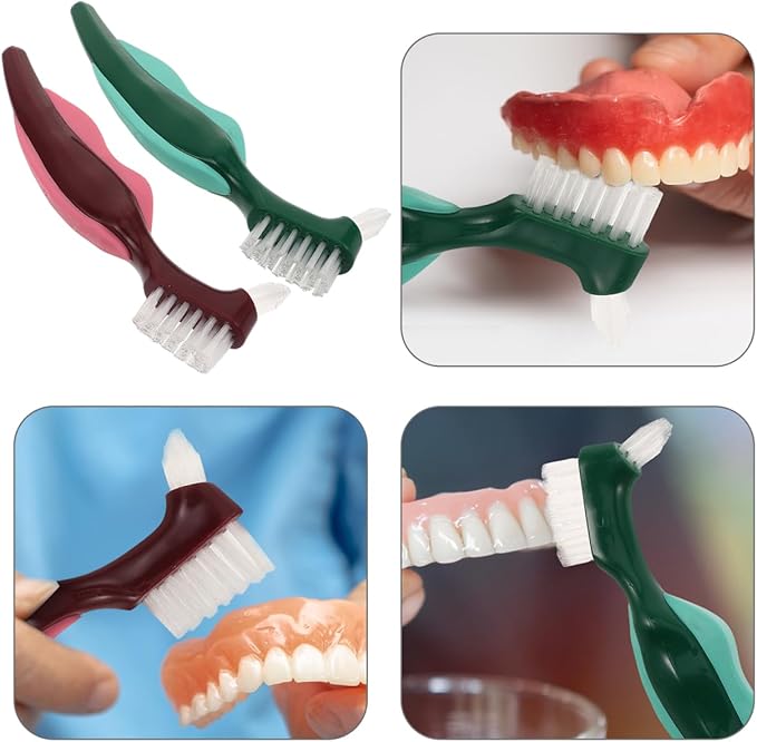 OUNONA Dual Head Denture Toothbrush for False Teeth Hard Bristle Oral Appliance Cleaner with Non-Slip Comfortable Grip 2-Pack Travel-Friendly Dentures Cleaning Brush for Seniors