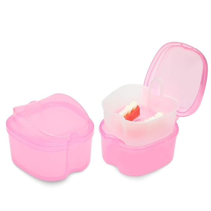Dental Orthodontic Retainer Container Cleaning Case,Denture Bath Box Case Cup Holder, Mouthguard Storage Soaking Case - Pink
