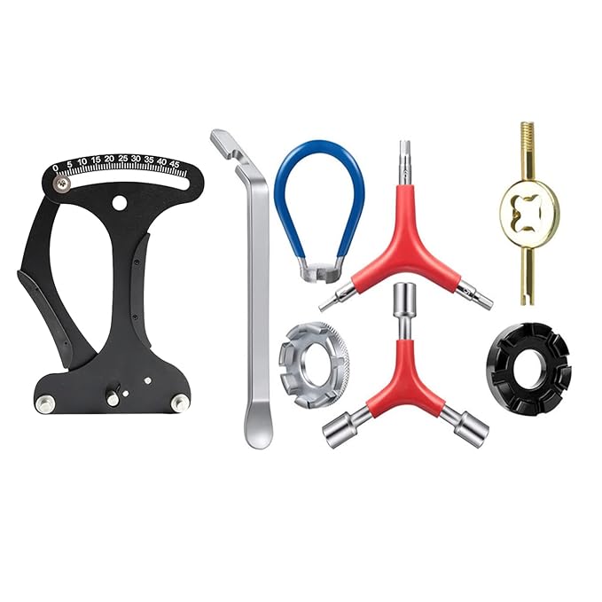 Bicycle Spoke Tension Meter Wrench Repair Tool Set, 8pcs Adjustment Bike Bicycle Spoke Indicator Tensiometer Wrench, Wheel Repair Tool W/Valve Wrench/Spoke Wrench/Tire Lever/Hex/Socket Wrench-StrideForce Fitness