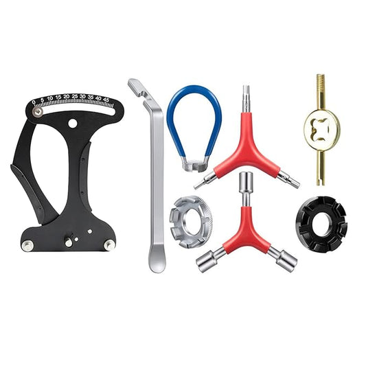 Bicycle Spoke Tension Meter Wrench Repair Tool Set, 8pcs Adjustment Bike Bicycle Spoke Indicator Tensiometer Wrench, Wheel Repair Tool W/Valve Wrench/Spoke Wrench/Tire Lever/Hex/Socket Wrench-StrideForce Fitness