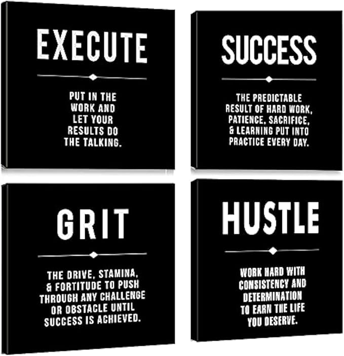 Motivational Grit Success Execute Success Quotes Canvas Wall Art -Inspirational Office Wall Art Poster Quotes - Canvas Artwork Picture Print Framed for Home Bedroom Office Wall Decor-16 x16 x4pcs-StrideForce Fitness
