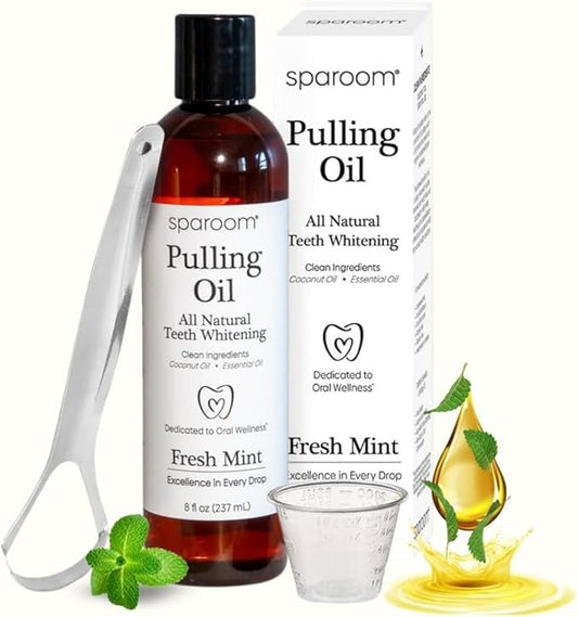 SpaRoom Oil Pulling for Teeth and Gums – Coconut Oil Pulling for Teeth with Tongue Scraper, Fresh Mint Flavor, Natural Mouthwash Alternative for Gum Health, Oral Hygiene, and Breath Support, 8 fl oz