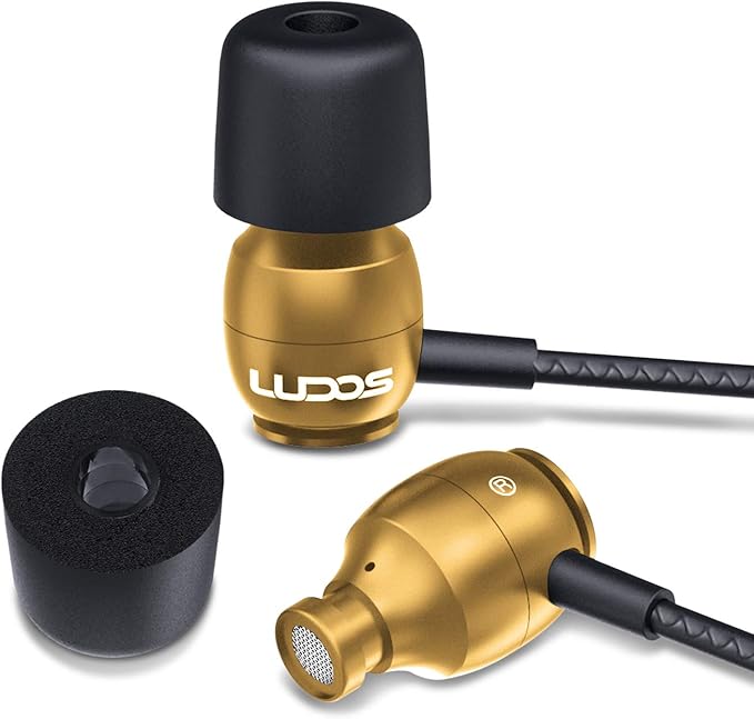 LUDOS Clamor Wired Earbuds in-Ear Headphones, 5 Years Warranty, Earphones with Microphone, Noise Isolating Ear Buds, Memory Foam for iPhone, Samsung, School Students, Kids, Women, Small Ears - Gold-StrideForce Fitness