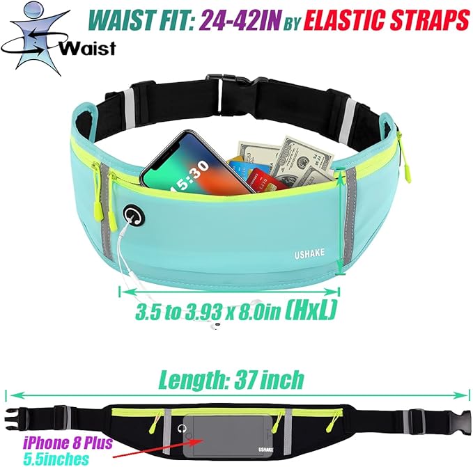 USHAKE Slim Running Belt, Workout Fanny Pack for Men Women,Exercise Waist Pack for Apple iPhone Holder, Runner Belt for Running Walking Cycling Camping Gym Mint blue-StrideForce Fitness
